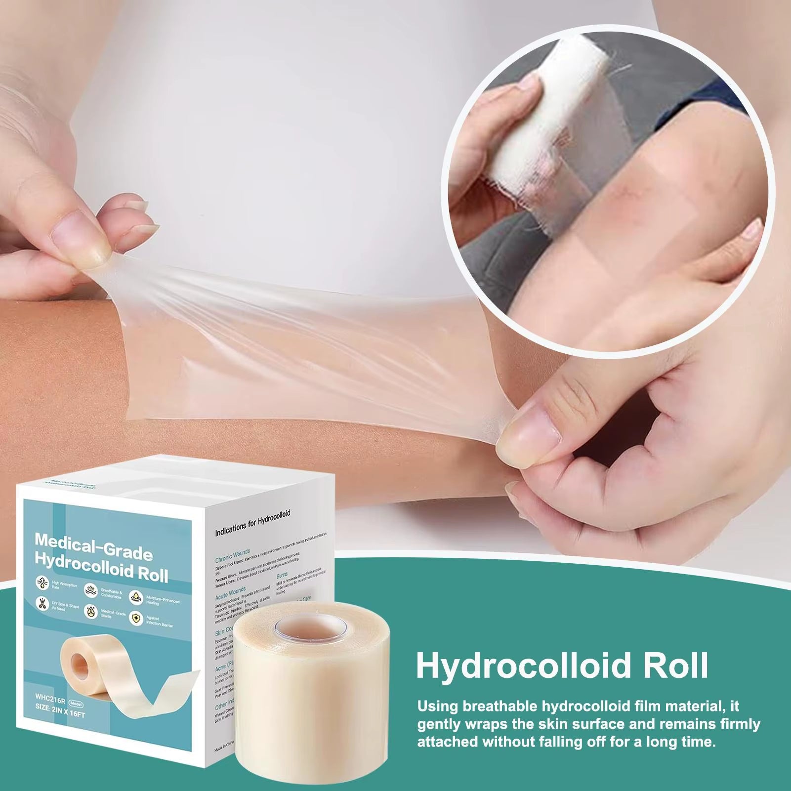 Hydrocolloid Patch Bandages 16.4Ft Hydrocolloid Bandage Roll for Wound Care Waterproof Self-Adhesive for Face Body Burn Wound